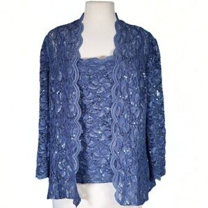 Alex Evenings 2 Piece Set NWT Womens XL Slate Blue Lace Sequin Formal Wedding
